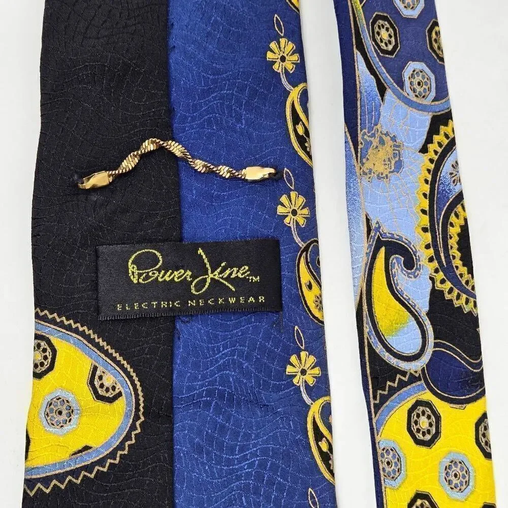 POWER LINE ELECTRIC NECKWEAR SILK TIE BLUE YELLOW PAISLEY VIBRANT SATIN 3.75